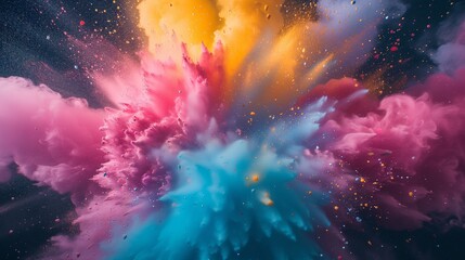A vibrant CMYK explosion depicting a dynamic burst of cyan, magenta, yellow, and black toner splatters against a white background, symbolizing creativity and the printing process.