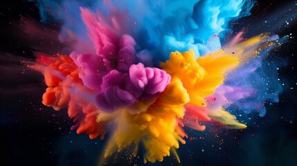 Obraz na płótnie Canvas A vibrant CMYK explosion depicting a dynamic burst of cyan, magenta, yellow, and black toner splatters against a white background, symbolizing creativity and the printing process.