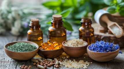 Natural homeopathic remedies for illness, including herbal supplements, essential oils, and organic ingredients, symbolizing a holistic approach to health and wellness. - obrazy, fototapety, plakaty