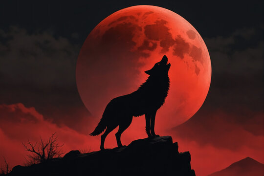 Wolf standing on top of a cliff under a red moon