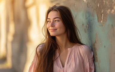 Fototapeta premium a photo of a beautiful long-haired woman, dressed in wearing a pink blouse, the model is Smiling brightly while looking out at the sky, Natural morning light