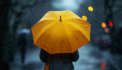 a man holding a yellow compact umbrella in the rain in a gray trenchcoat