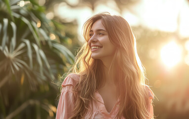 a photo of a beautiful long-haired woman, dressed in wearing a pink blouse, the model is Smiling brightly while looking out at the sky, Natural morning light