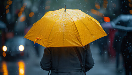 a man holding a yellow compact umbrella in the rain in a gray trenchcoat