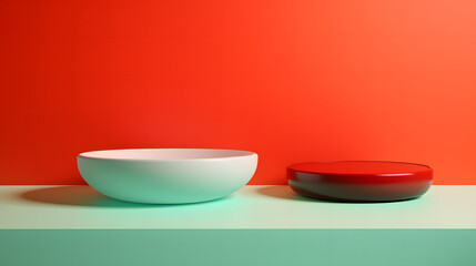 White Bowl and Red Bowl on Table, product presentations
