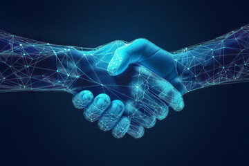 Two wire-frame glowing hands coming together in a handshake, representing technology, business, and the concept of trust - obrazy, fototapety, plakaty