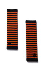 Subject shot of striped black and orange elbow length mittens. The pair of fingerless gloves is isolated on the white background.
