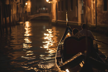 A twilight gondola ride in Venice, showcasing a couple in a moment of silent admiration for the city's nighttime charm - obrazy, fototapety, plakaty