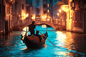 A twilight gondola ride in Venice, showcasing a couple in a moment of silent admiration for the...