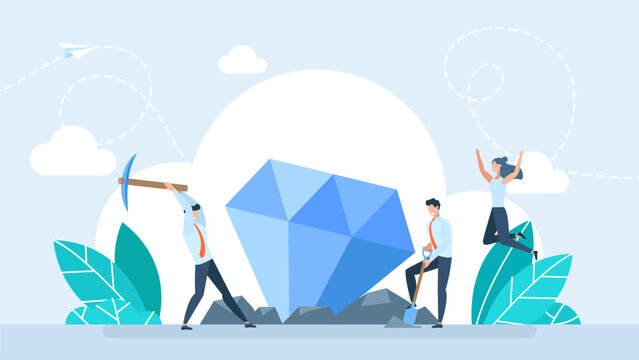 A team digs a diamond out of the ground with pickaxe and shovel. Businessman digging and mining to find treasure. Hard Worker. Business concept of Persistent Work will Gain Result. Vector illustration
