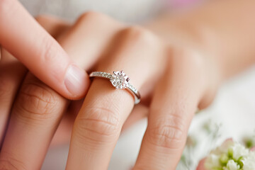 Close-up of a man's hand sliding an elegant silver engagement ring adorned with a sparkling diamond onto a woman's delicate finger