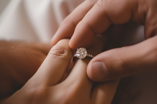 Close-up of a man's hand sliding an elegant silver engagement ring adorned with a sparkling diamond onto a woman's delicate finger