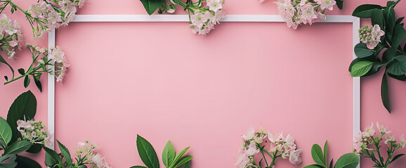 flowers with green leaves on pink background with white frame, flat lay