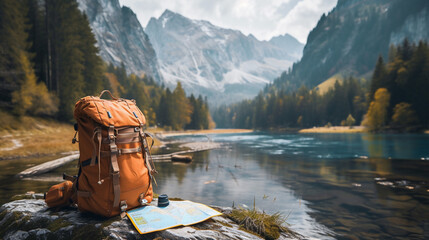 Hiking backpack and map by mountain lake.