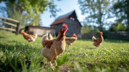 Fototapeta premium Free range chicken at countryside, simple wooden barn in background