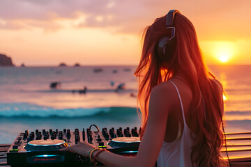 Young girl dj mixing outdoor during summer beach party at sunset time

