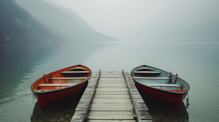 Naklejka na ściany i meble Misty lake with boats and wooden dock.