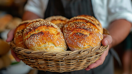 Shot of person with fresh ciabatta in a bread basket
