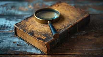 vintage book and magnifying glass on a wooden background. Perfect for stock visuals that convey the nostalgia and intellectual charm of literary exploration.