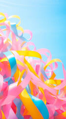 A lively assemblage of multicolored ribbons effortlessly dancing and curling against the backdrop of a clear blue sky. This image imparts an aura of grace and weightlessness