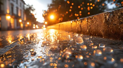 Sunset Rain on Urban Street with Glowing Lights Reflection