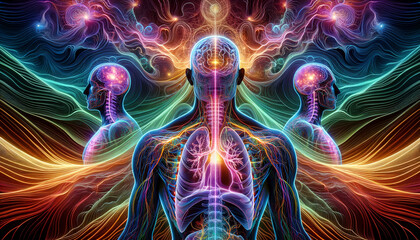 Psychedelic Mindscapes: Serene Anatomy Models in a Digital Landscape