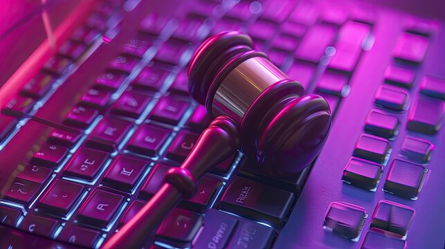 judge gavel on a computer keyboard, symbolizing the online concept of auctions. Perfect for emphasizing the power and convenience of virtual bidding.