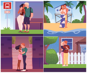 Set of kissing couples in different locations flat style