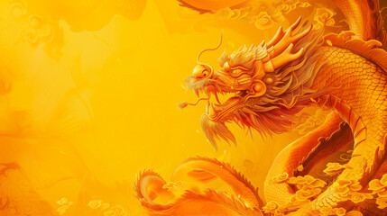 Chinese yellow dragon close up. Chinese Spring Festival concept. Free space for text, copy space.
