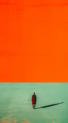 Keuken foto achterwand Small man in black stands against the backdrop of a large red-orange wall. Japanese minimalism concept. Minimalist landscape style. Loneliness and depression concept. Vertical Banner © Karim Boiko