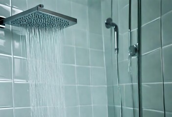 Close up of Water flowing from shower in the bathroom interior
