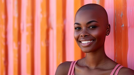 Happy smiling bald African American woman in a striped vibrant pink background, illuminated by warm sunlight, exuding positivity