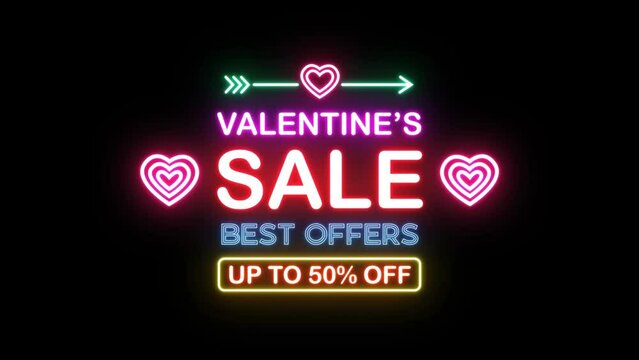 Valentines day Sale best offers 50% off neon sign animated text on black background. High-quality 4K footage.