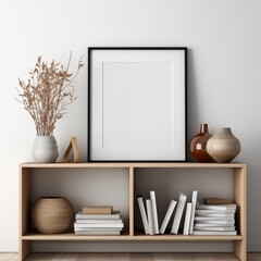 Frame leaning against a bookshelf in a home
office, Envision a blank white mockup 