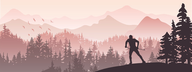 Cross-country-skiing in magical misty landscape. Mountains, forest in the background. Violet illustration. Man, skiing. Horizontal nature picture, banner. 