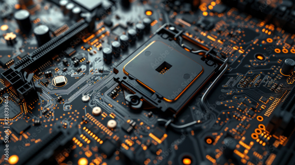 Poster a close-up of a motherboard's intricate layout, an ode to technological complexity