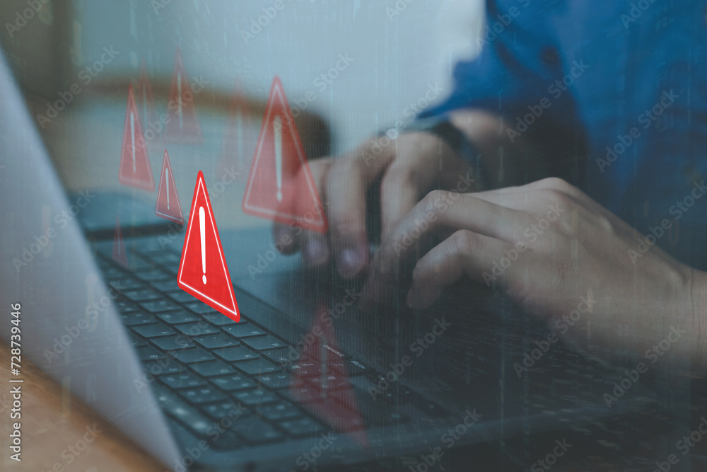 Poster emergency warning alert alarm on computer, data network protection, virus alarm with people using ap