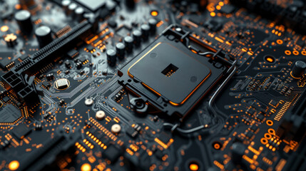 A close-up of a motherboard's intricate layout, an ode to technological complexity