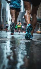 Fototapeta premium from behind view marathon runners feet in race