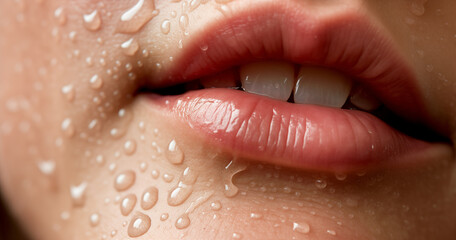 Obraz premium Girl's face with lips with water drops on her face
