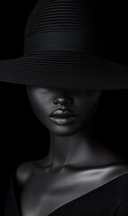 Black female  model wearing large hat over eyes