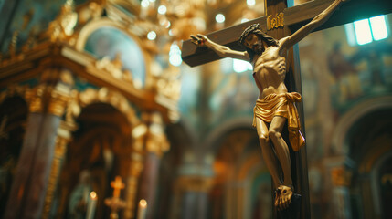 Close-up of cross on the altar in a church