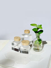 Laboratory cream on glass podiums