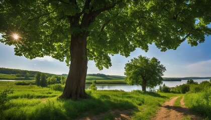 Beautiful panoramic photo. Summer is starting. Sunny, good weather, warm. Green beautiful trees, grass, bushes. Everything blooms and shines.