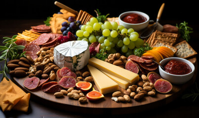 Sumptuous charcuterie board with an assortment of cheeses, cured meats, fresh fruits, and nuts, perfect for entertaining