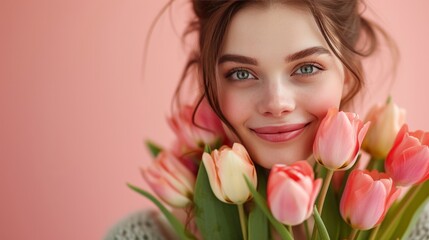 A charming woman adorned with a bouquet of tulips, their hues mirroring her infectious joy
