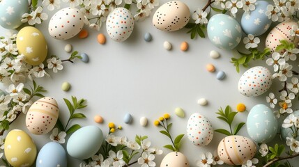 Fototapeta na wymiar A delightful Easter background surrounded by a clean and stylish egg-shaped border