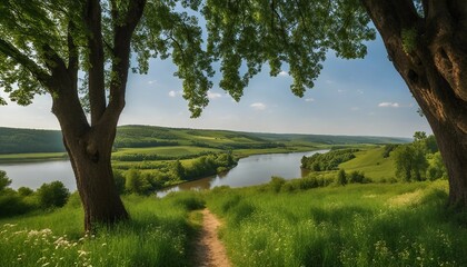 Beautiful panoramic photo. Summer is starting. Sunny, good weather, warm. Green beautiful trees, grass, bushes, flowers. Everything blooms and shines.