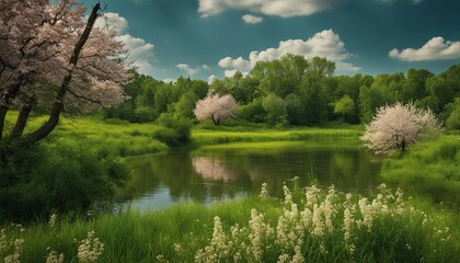 Fototapeta premium Beautiful panoramic photo. Summer is starting. Sunny, good weather, warm. Green beautiful trees, grass, bushes, flowers. Everything blooms and shines.