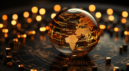 A future cityscape view through a golden color transparent glass globe sphere on the floor with architectural town background at the back drop and blurred bright lights dots